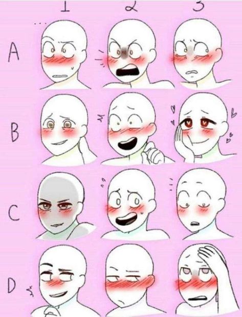 diiferent-face-expressions-easy-anime-drawings-pink-background Lukisan Fesyen, Different Facial Expressions, Drawing Face Expressions, Výtvarné Reference, Drawing Hair, Anime Tutorial, Seni 2d, Boy Drawing, Drawing Faces