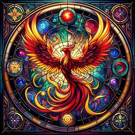 Photo fantastical stained glass phoenix ... | Premium Photo #Freepik #photo Stained Glass Painting Designs, Fantasy Stained Glass Art, Glass Painting Designs Creative, Circular Window, Arts And Crafts Tiles, Stained Glass Tattoo, Phoenix Images, Birds Photography Nature, L'art Du Vitrail