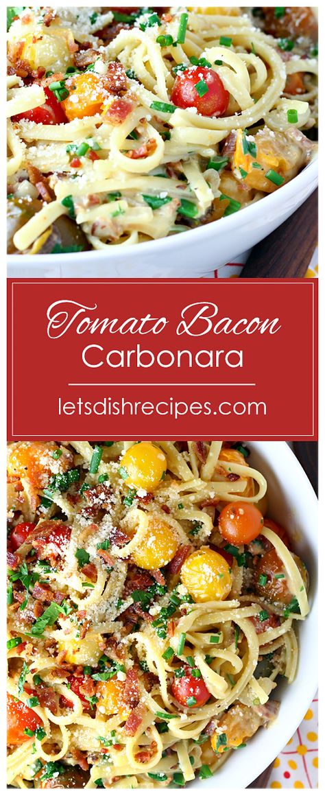 Tomato Bacon Carbonara Recipe -- Classic pasta Carbonara with bacon is given a delicious, colorful twist with the addition of fresh sauteed cherry tomatoes. #pasta #carbonara #bacon #tomatoes #recipes Bacon Tomatoes Pasta, Bacon Cherry Tomato Pasta, Steak And Tomato Pasta, Bacon Entree Recipes, Recipes With Roasted Cherry Tomatoes, Bacon And Tomato Recipes, Cherrie Tomato Recipes, Pasta With Bacon And Tomatoes, Use Up Cherry Tomatoes