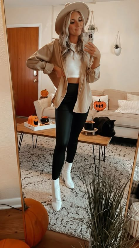 Black White Tan Outfit, Off White Hat Outfit, Cream Hat Outfit Fall, White Hat Outfit Winter, Tan Button Up Outfit, Summer Outfits With White Boots, Outfits To Wear In Nashville Winter, Tan Booties Outfit Spring, Outfits With White Boots Fall Fashion