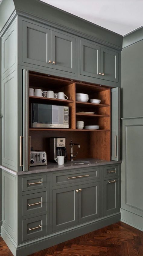 Wainscot Paneling, Kitchen Pantry Design, Dry Bar, Green Cabinets, Hus Inspiration, Kitchen Room Design, Kitchen Inspiration Design, Pantry Design, Farmhouse Dining Room