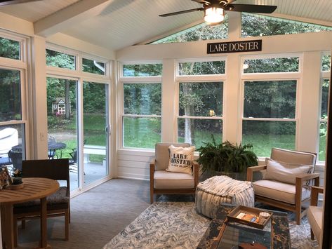 Sunroom Deck, Four Seasons Room Addition, Upgrade Home, Sunroom Remodel, Sunroom Kitchen, Cottage Remodel, All Season Room, Family Room Addition, Three Season Porch