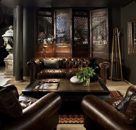 Men Living Room Ideas Apartments, Men Living Room Ideas, Men Living Room, Gentlemans Room, Gentlemans Lounge, Zigarren Lounges, Room Ideas Men, Brown Leather Furniture, Whiskey Lounge