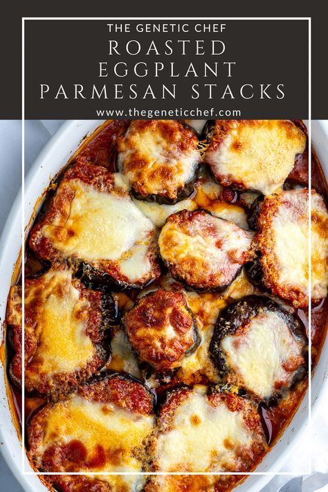 A simpler version of eggplant Parmesan (Parmigiano) prepared without frying and without compromising on flavor. Slices of eggplant are roasted then layered with a quick homemade tomato sauce and cheese. It's absolutely delicious! #eggplant #eggplantparmesan #roastedeggplantparmesan #eggplantstacks | @thegeneticchef Individual Eggplant Parmesan, Eggplant Sauce Recipes, No Fry Eggplant Parmesan, Sauteed Eggplant Recipes, Roasted Eggplant Parmesan, Tomato Recipes Healthy, Baked Eggplant Recipes, Roasted Eggplant Recipes, Recipe Vegetables