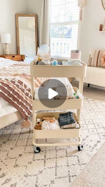 Bedside Nursing Cart, Postpartum Bedside Table, Bedside Set Up For Newborn, Bedside Cart For Newborn, Newborn Setup In Parents Bedroom, Postpartum Cart Bedside, Postpartum Bedside Cart, Newborn Bedroom Ideas, Bedside Newborn Station