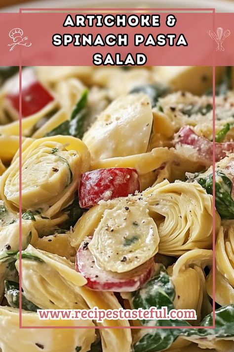 A creamy and vibrant pasta salad featuring tender farfalle pasta, artichoke hearts, fresh spinach, and a delicious blend of seasonings, perfect for gatherings or as a refreshing side dish. Pasta Artichoke, Salad With Artichoke Hearts, Spinach Pasta Salad, Artichoke Pasta Salad, Pasta Salad With Spinach, Artichoke Salad, Artichoke Pasta, Farfalle Pasta, Pasta Salad Recipe