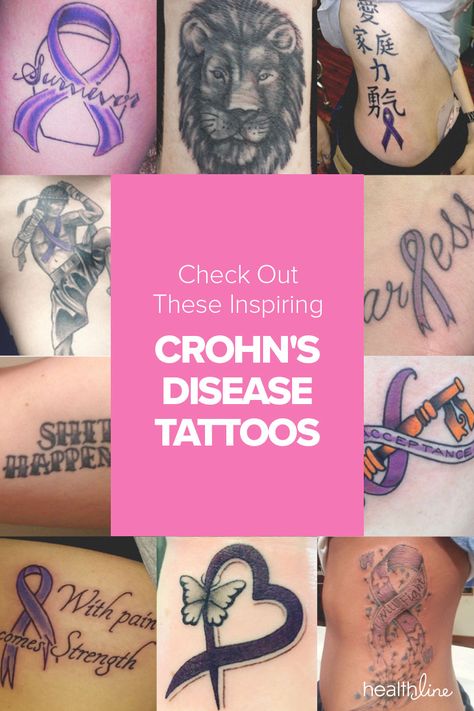 Many people with Crohn's disease are getting tattoos for comfort, support, and to spread awareness. Check them out! Crohns Ribbon Tattoo, Crohn's Tattoo Ideas, Crohns Awareness Tattoo, Ibd Tattoo Ideas, Chrons Disease Tattoo, Crohns Memes, Fibro Tattoo Ideas, Crohn’s Tattoo, Autoimmune Disease Tattoo Ideas