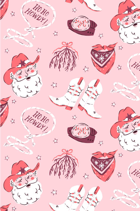 It's a very western Pinkmas! This cute pattern features cowboy santa, mistletoe tumbleweeds, ho ho howdy lassos and more! Illustrated by Krissy Mast Texas Christmas Wallpaper, Cowgirl Christmas Aesthetic, Cowgirl Christmas Wallpaper, Santa Phone Wallpaper, Western Christmas Aesthetic, Western Christmas Background, Cowboy Christmas Wallpaper, Country Christmas Wallpaper, Pink Western Wallpaper