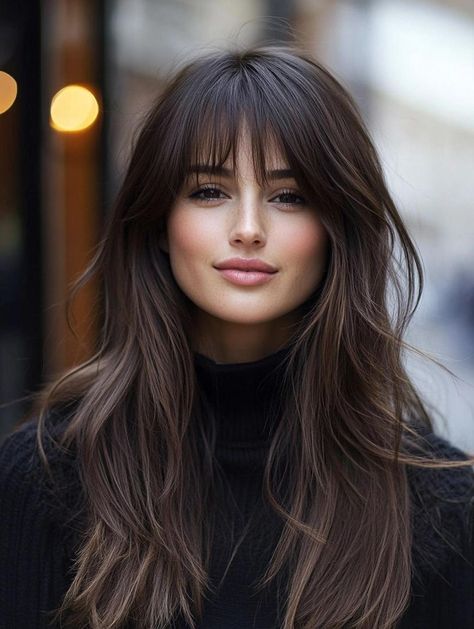 Effortless Elegance with Long Layers and Curtain Bangs for Every Hair Texture Long Layered With Bangs Haircuts, Long Hair With Layers And Fringe, Long Bangs With Medium Hair Side Part, Curtain Layers Hair, Long Hair With Light Bangs, Mid Hair With Curtain Bangs, Long Layered Hair With Bangs Round Face, Long Straight Hair Curtain Bangs, Face Framing With Bangs