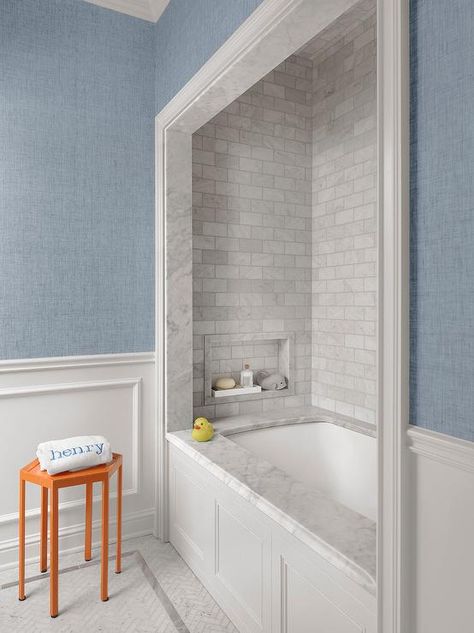 Marble Subway Tiled Bathtub Alcove in Kids Bathroom - Transitional - Bathroom Bathroom Ideas Fun, Bathtub Alcove, Kids Bathroom Ideas, Tile Tub Surround, Grey Bathroom Tiles, Marble Subway Tiles, Bathtub Tile, Aesthetic Bathroom, Transitional Bathroom