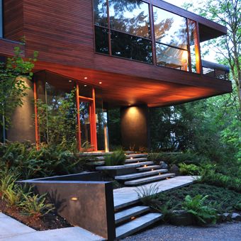 modern house. modern steps. Twilight House, Residence Architecture, Courtyard House, Forest House, Stone House, Modern Exterior, Contemporary Architecture, House In The Woods, Landscaping Ideas