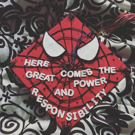 Spider-Man Graduation Cap ❤️ (quote credit to Ashley) Spider Man Graduation, Quotes For Graduation Caps, Grad Cap Ideas, Creative Graduation Caps, College Grad Cap Ideas, Graduation Cap Decoration Diy, Spiderman Gifts, High School Graduation Cap, College Graduation Cap Decoration