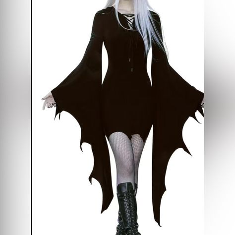 Get Ready To Rock The Party With This Gothic Bat Flare Wing Dress By Sgc619. The Short Dress Features A Solid Pattern, Long Sleeves, And A Pullover Closure. The Stunning Black Color With Punk, Gothic, And Halloween Themes Make It A Perfect Fit For A Party Or Cocktail Occasion. This Bodycon Style Dress With A Keyhole Neck And Flare Bat Wing Sleeves Is Available In Size M. The Dress Is Brand New With Tags And Perfect For The Fall Season. So, Add A Unique Touch To Your Wardrobe With This Gothic Bat Skin Tight Gothic Dress, Bat Outfits Aesthetic, Bat Themed Dress, Bat Wings Dress, Short Black Summer Dress, Halloween Clothing Aesthetic, Bat Themed Clothes, Bat Sleeve Pattern, Goth Mini Dress