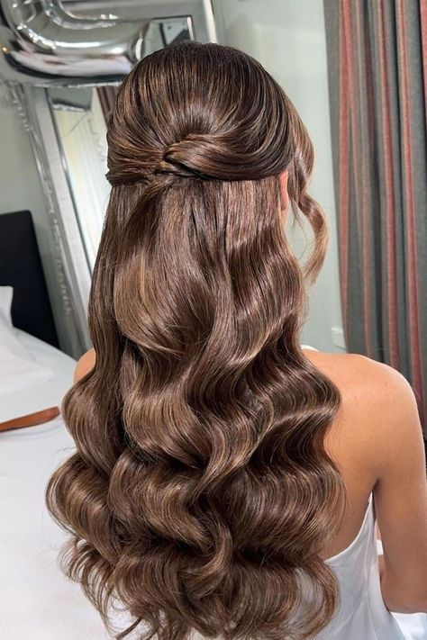 Half Updo Wedding Hairstyles, Ball Hair Down, Half Up Half Down Wedding Hair Elegant, Long Curled Hair Half Up Half Down, Elegant Hairstyles For Graduation, Half Up Half Down Wedding Hair Brown Long, Wedding Hair Wavy Half Up Half Down, Brown Wedding Hair Updo, Half Up Half Down Hair Formal Curls