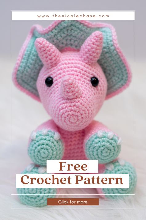 Free dinosaur crochet pattern for Tanner the Triceratops. Beginner friendly amigurumi pattern available for free. Knitting Dinosaur Pattern, How To Crochet A Triceratops, Amigromy Pattern, Crochet Dinosaur Pattern Free Triceratops, Crochet Dino Plushies, Crochet Dinosaur Triceratops, Crochet Stuffed Dinosaur Free Pattern, Amigurumi Triceratops Free Pattern, Crochet Dino Free Patterns