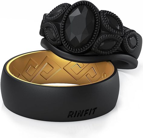 Rinfit Matching Silicone Rings for Couples - Silicone Wedding Bands Sets for Him and Her - His and Hers Wedding Ring Sets - Oval - Black & Two Tone - Black/Gold - Women 7 & Men 10 : Amazon.ca: Clothing, Shoes & Accessories Rubber Rings For Men, His And Hers Ring, Rubber Wedding Band, Rubber Rings Wedding, Rings For Couples, His And Hers Rings, Wedding Rings Set, Silicone Wedding Band, Silicone Wedding Rings