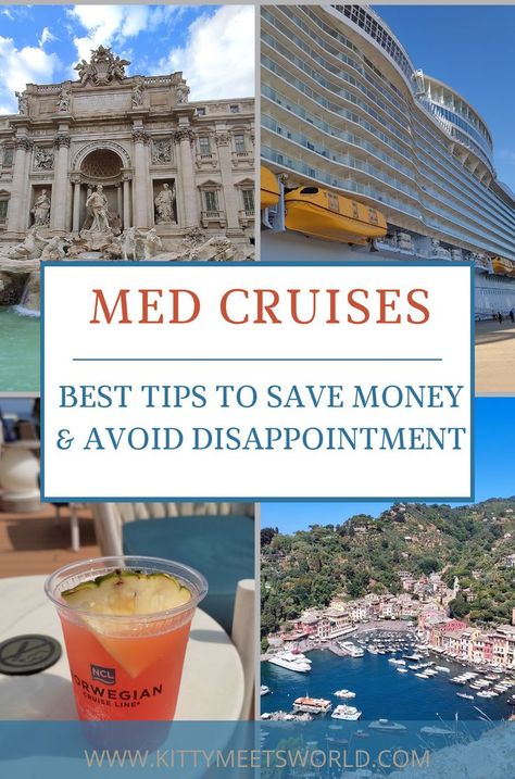 Top left: Trevi Fountain; Top right: Cruise Ship; Bottom left: Cocktail; Bottom right: Portofino Mediterranean Cruise Tips, Italian Cruises, Cruise Honeymoon, Greece Cruise, Transatlantic Cruise, Cruise Ideas, Enjoy Your Trip, European Cruises, Honeymoon Cruise