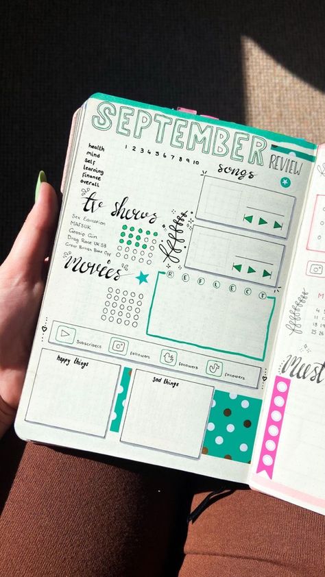 Bujo End Of Month Review, Bujo Pages Ideas Monthly, Bujo Month Review, Bujo Memories Page, Journal Month Review, Highlighter Design Ideas Notebook, Month In Review Bullet Journal, Reflection Paper Design, Bujo Monthly Review