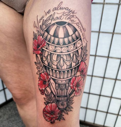 Wizard Of Oz Tattoo Ideas, Hotairballoon Tattoo, Wizard Of Oz Tattoo, Oz Tattoo, Hot Air Balloon Tattoo, Air Balloon Tattoo, Balloon Tattoo, Poppy Flower, Thigh Tattoo