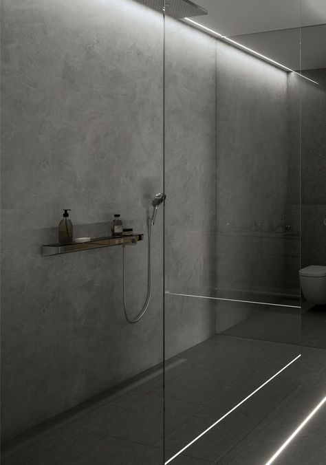 Led Profile Bathroom, Led In Shower, Bathroom Profile Lighting, Bathroom Led Strip Lighting, Bathroom Lighting Inspiration, Clean Inspiration, Shower Aesthetic, False Wall, Lighting Installation