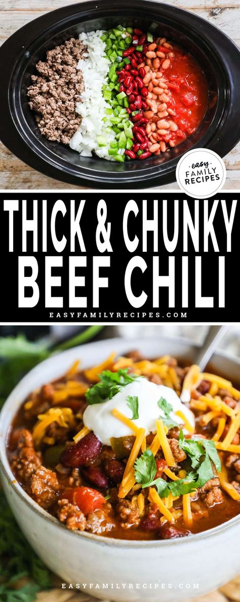 Easy Crock Pot Chili {Best Thick & Chunky Beef Chili} · Easy Family Recipes Crock Pot Chilli Recipes Slow Cooker, Fast Crockpot Chili, Easy Thick Chili Recipe, Thick Crockpot Chili, Crock Pot Recipe Ground Beef, Thick Chili Recipe Instant Pot, Crockpot Chili For A Crowd, Thick Chili Recipe Crockpot, Ground Beef Chili Recipe Crock Pot