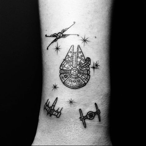 Star Wars ships by @thebluefoxtattoo 🖤#starwars #starwarsart #blackandgreytattoo #blackink #starwarstattoo #starwarstattoos #minimaltattoo… Star Wars Ship Tattoo, Millenium Falcon Tattoo, Millennium Falcon Tattoo, Falcon Tattoo, Inspiration Tattoo, Ship Tattoo, Star Wars Tattoo, Modern Tattoos, Line Work Tattoo