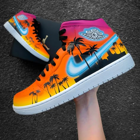 Nike Air Jordan 1 "Tropical Summer" * handpainted in Germany * unique and individual manufacturing * waterproof & scratch resistant * 1-2 weeks processing time INDIVIDUAL DESIGN Customizations or a completely own design? Text to me here or on Instagram (@annamarie_diy) ♥︎ Your dream shoes with: * Colors: Normal, Metallic, Neon, Glow in the Dark, Colorshifting, Sunlight sensitive * Glitter, rhinestones... * Engraved lace locks with name, date etc. (Lace Locks = the metal plates on the laces) * La Custom Jordan, Nike Shoes Women Fashion, Custom Sneakers Diy, Custom Jordans, Pretty Sneakers, Boty Nike, Custom Shoes Diy, Nike Fashion Shoes, Preppy Shoes