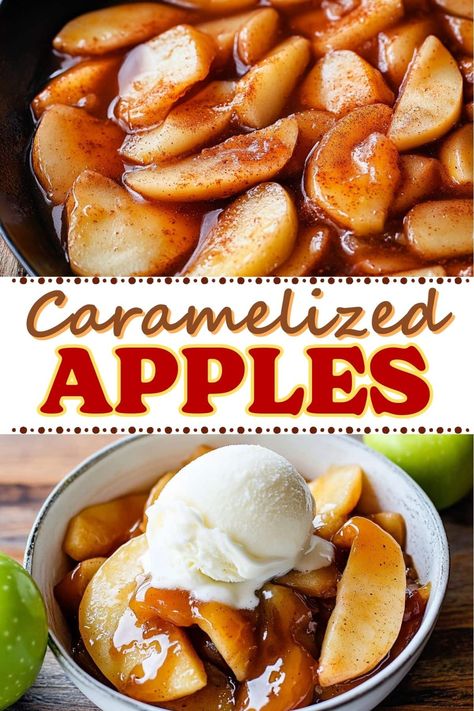 Craving something warm, sweet, and fruity? Try these easy caramelized apples! Ready in minutes, they're great as a topping for ice cream, pancakes, and more. Apple Pie Ice Cream Topping, Baked Apples With Ice Cream, Apple Topping For Ice Cream, Fall Ice Cream Sundaes, Toppings For Caramel Apples, Caramelized Apples Easy, Apple Dishes Desserts, Ambrosia Apple Recipes, Apple Ice Cream Topping