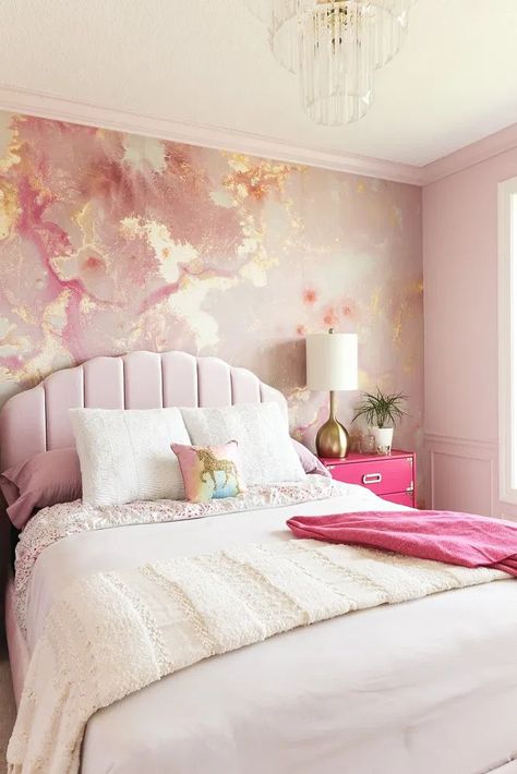 Pink Modern Girls Bedroom Design with Pink and Gold Floral Wall Mural. Pink Bedroom Design. Floral Bedroom Design. #PinkModernGirlsRoom #FloralBedroom #PinkAndGoldBedroom #FloralWallMural #PinkBedroomDesign Wallpaper For Girl Bedroom, Pink Room Wallpaper, Victoria Bedroom, Girl Room Wallpaper, Egypt House, Pink And Gold Bedroom, Girls Bedroom Wallpaper, Pink Bedroom Design, Elegant Room