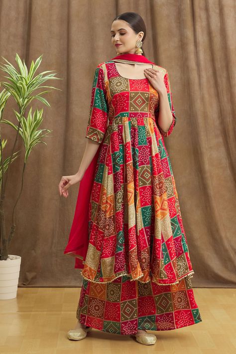 Shop for Samyukta Singhania Multi Color Bandhej Patterned Anarkali Palazzo Set for Women Online at Aza Fashions Diwali Dresses For Women, Suite Design For Women, Suits For Women Indian, Stylish Kurtis Design, Diwali Outfits, Cotton Anarkali, Long Kurtis, Latest Dress Design, Boys Kurta