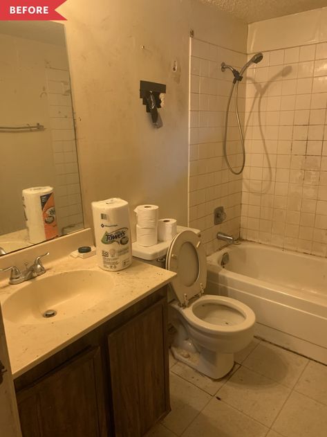 Dingy Bathroom, Holes In Wall, White Bathroom Makeover, White Mosaic Tiles, Black Counters, Black And White Bathroom, White Bathroom Tiles, Old Bathroom, Apartment Makeover