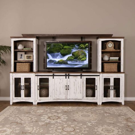 Potter Rustic White Entertainment Center | Jerome's Furniture #livingroomlayout Farmhouse Entertainment Center, White Entertainment Center, Tv Consoles, Furnitur Ruang Keluarga, Diy Entertainment, Living Room Entertainment Center, Play Kitchens, Home Entertainment Centers, Diy Tv Stand