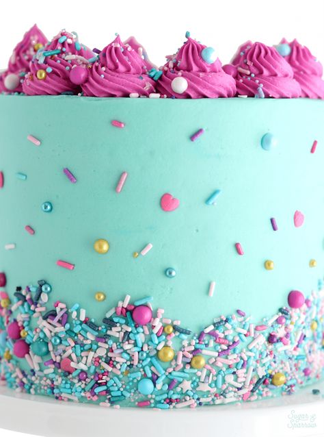 How to Decorate a Cake with Sprinkles - Sugar & Sparrow Rainbow Birthday Cakes, Gabby Party, 6th Birthday Cake, Cake Fancy, Rainbow Ruby, Sprinkles Birthday Cake, Gabby Dollhouse, Cake Sprinkles, Fancy Sprinkles