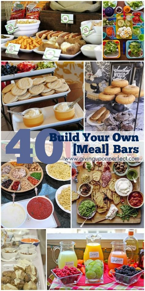 Planning a Superbowl, New Year's Eve or 4th of July party? Here are 40 Ideas for Build Your Own {Food} Bars - fun and easy! Food Bar Ideas, Party Food Bars, Nacho Bar, Bloc Party, Food Bars, Drink Bar, Food Bar, Cooking For A Crowd, Food Stations