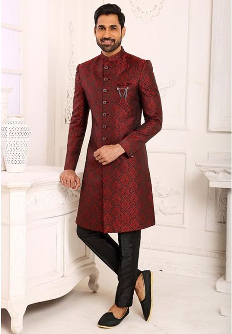 Maroon Brocade Jacquard Nawabi Indo Western Indo Western For Men, Groomsmen Dress, Indowestern Sherwani, Waistcoat Outfit, Indo Western Sherwani, Silk Pajama Pants, Raw Silk Lehenga, Mens Sherwani, Western Suits