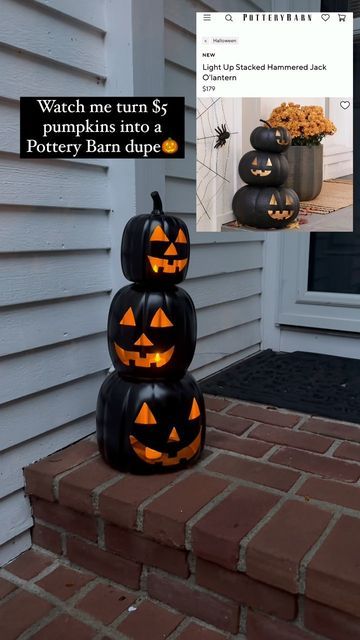 Christina Clericuzio on Instagram: "Day 3 of creating affordable Pottery Barn inspired Halloween decor🎃👻 How do we like these stacked pumpkins? #halloween #halloweendecor #halloweendecorations #halloweendiy #halloweenideas #halloweenspirit #halloween2023 #diyhalloween #diyhalloweendecorations #diyhalloweendecor #diycrafts #seasonaldecor #falldecorations #onabudget #decoratingonabudget #affordabledecor #affordablestyle #pumpkinseason #pumpkindecor #pumpkin🎃 #spraypainting #potterybarn #pottery Stacked Pumpkins Porch Diy, Pumpkin Pottery, Pottery Barn Pumpkin, Pottery Barn Halloween, Dollar Tree Halloween Decor, Dollar Tree Pumpkins, Porch Pumpkins, Dollar Tree Halloween, Halloween Decor Ideas