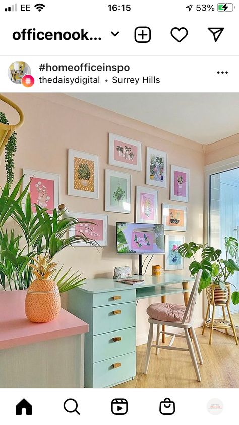 Pastel Office Decor Workspaces, Funky Home Office Ideas, Home Office Pastel Colors, Rainbow Home Office, Pastel Home Office Ideas, Home Office Pastel, Colorful Desk Ideas, Pastel Office Aesthetic, Pastel Office Decor