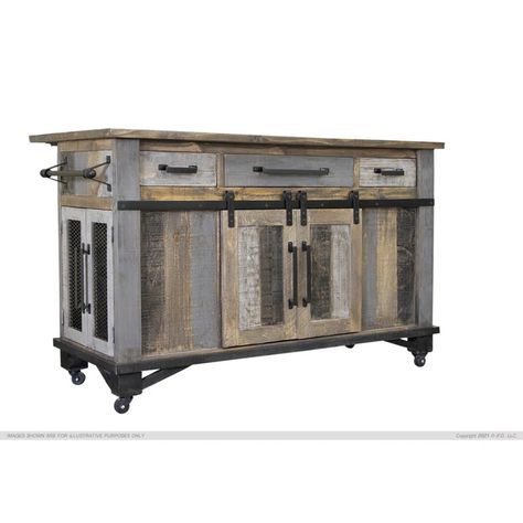 Rosalind Wheeler Arteen Solid Wood Kitchen Island | Wayfair Brown Kitchen Island, Doors Kitchen, Rustic Loft, Farmhouse Flair, Rolling Kitchen Island, Loft Kitchen, Solid Wood Kitchens, Brown Color Schemes, Barn Style Doors