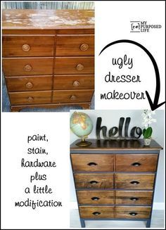 Amazing ugly dresser makeover with paint stain hardware modification http://MyRepurposedLife.com Diy Dresser Makeover, Dressers Makeover, Dark Stain, Diy Dresser, Furniture Rehab, Dresser Makeover, Vintage Dressers, Furniture Renovation, Refurbished Furniture