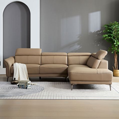 Upgrade your living room with this stylish and modern L-shaped leather sofa. Featuring adjustable headrests, this couch is designed for both comfort and elegance, making it a perfect addition to any contemporary home decor. Sofa Leather Living Room, Deep Couch Sectional, Office With Couch, L Shape Sofa Living Room, Headrest Sofa, Couch Minimalist, Grey Leather Couch, L Shaped Leather Sofa, L Sofa