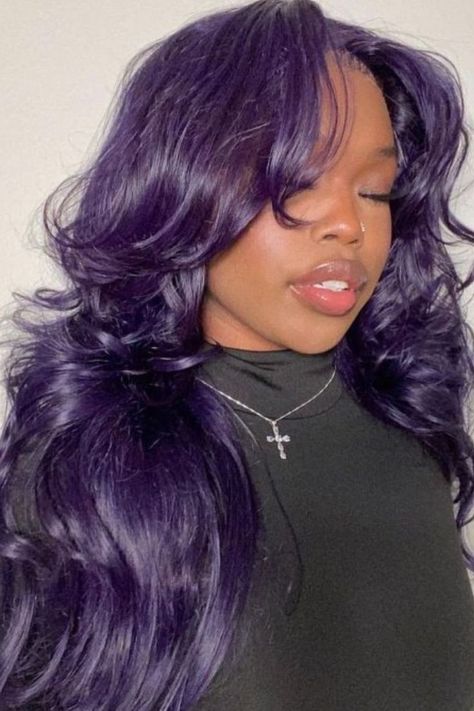 Midnight Purple Loose Waves Dark Purple Hair Dye Ideas, Black Woman With Purple Hair, Black Women With Purple Hair, Purple Sew In, Purple Hair Outfit Ideas, Purple Hair Costume Ideas, Purple Hair On Black Women, Hair Inspo Color Dyes, Purple Hair Bangs