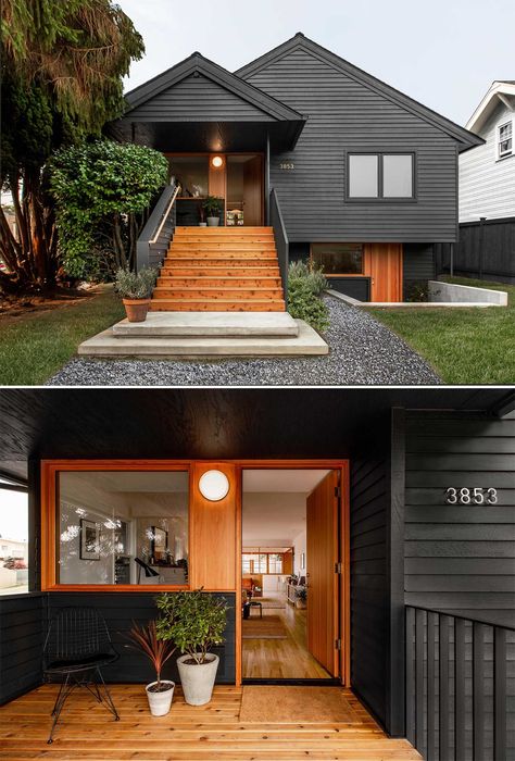 This 1920s Home Was Remodeled With A Black Exterior And Contemporary Interior 1920s Home, 1920s Bungalow, Black Houses, 1920s House, Home Exterior Makeover, Exterior Makeover, Exterior Remodel, House Paint Exterior, Black Exterior