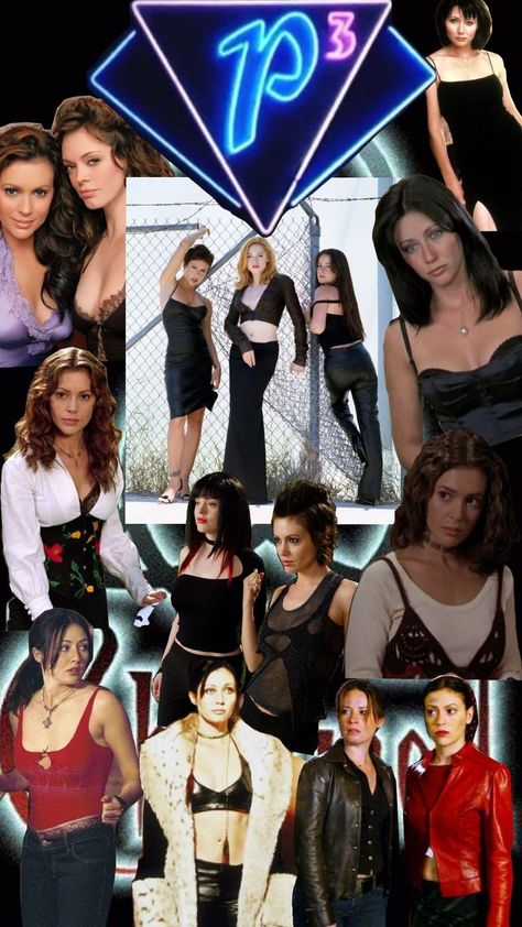 A collage of different outfits from the 90s TV show Charmed. Most of the outfits are dark colors. Charmed Tv Show Outfits, Early 2000s Fashion Outfits, Early 90s Fashion, Charmed Tv Show, Collage Outfits, Charmed Tv, Charmed Sisters, Alt Goth, Make Videos