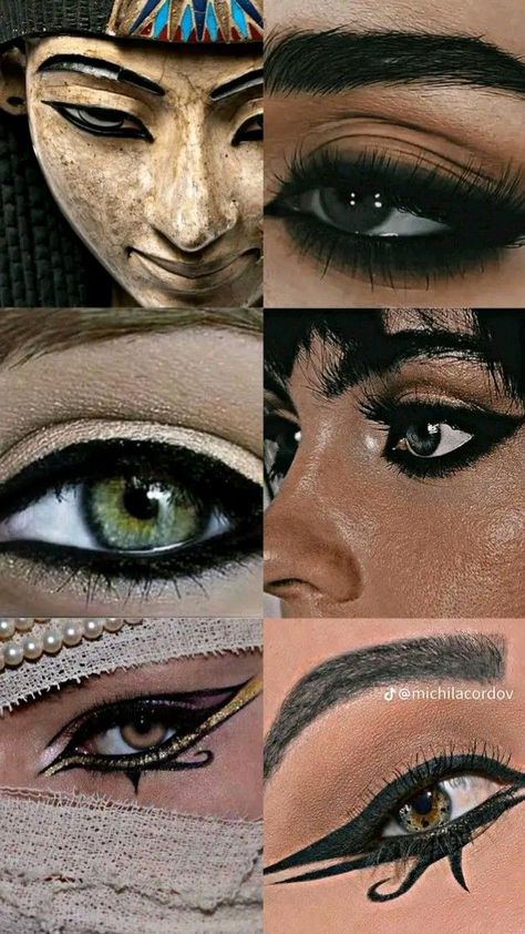 Ancient Egyptian Eyeliner, Old Egyptian Makeup, Cleo Patra Makeup, Nefertiti Outfit, Egyptian Mummy Makeup, Kleopatra Make Up, Cleopatra Makeup Ideas Egyptian Goddess, Nefertiti Makeup, Egypt Eyeliner