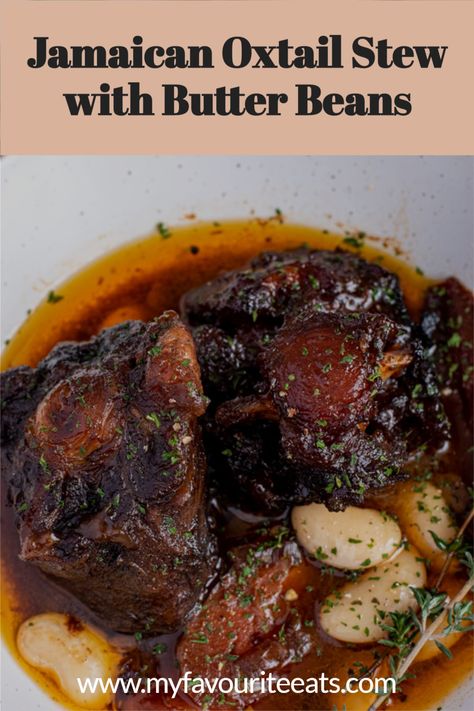 Tender flavoursome meat that falls off the bone, and a rich savoury gravy. An ideal dish to make for Sunday dinner. #jamaicancuisine #jamaicanfood #jamaicanoxtail #oxtail #oxtailandbutterbeans #oxtailstew #oxtails Oxtail And Butter Beans Recipe, Jamaican Oxtail Stew, Beef Oxtail, Oxtail Recipe, Jamaican Oxtail, Butter Beans Recipe, Guyanese Recipes, Healthy Coleslaw, Oxtail Stew