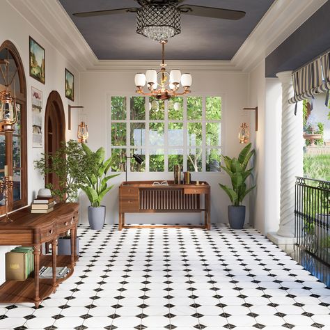 Capturing the appearance of a marble look, our Merzoni Yard Marquina Porcelain Floor and Wall Tile features a slightly textured, matte finish, providing decorative appeal that adapts to a variety of stylistic contexts. Square Tile Entryway, Black And White Mudroom Floor, Black And White Tile Living Room, Black And White Floor Laundry Room, Black And White Hallway Floor, Black And White Flooring Kitchen, Blue Checkerboard Floor, Flooring For Sunroom Ideas, Black And White Kitchen Floors