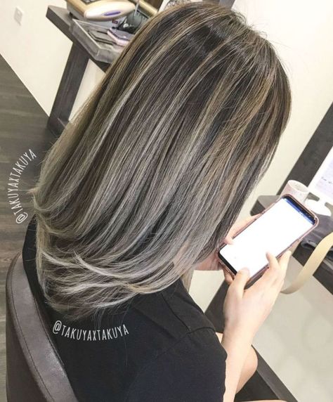 Best hair Color Ash Blonde Highlights On Dark Hair, Hair With Silver Highlights, Highlights For Black Hair, Blonde Highlights On Dark Hair, Grey Hair Transformation, Ash Blonde Highlights, Ash Hair Color, Silver Highlights, Dark Hair With Highlights