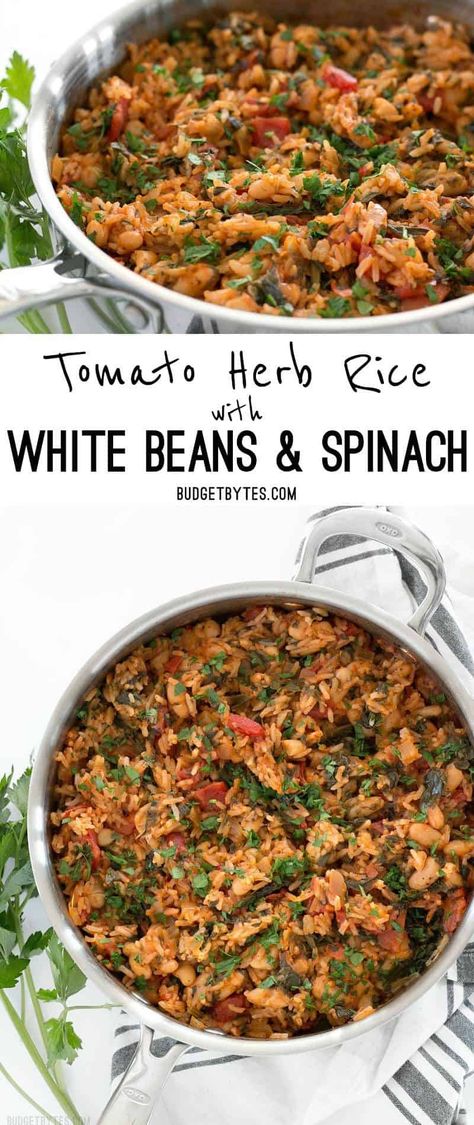 Tomato Herb Rice with White Beans and Spinach White Beans And Spinach, Herb Rice, Recipes Spinach, Meatless Dishes, Budget Bytes, Think Food, Vegan Dinner, Simple Recipes, Meatless Meals