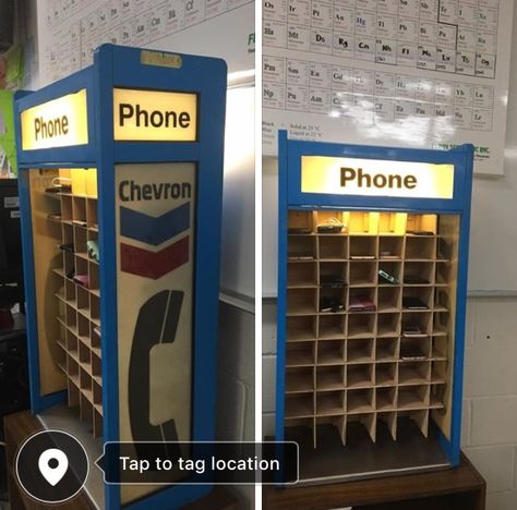 My new phone booth in my high school classroom. Deposit phone when you enter the room, please! Phone Prison Classroom, Cell Phone Storage For Classroom, Classroom Phone Storage, Classroom Cell Phone Storage Ideas, Phone Storage Ideas, Computer Classroom Decor, Phone Prison, Phone Jail, Computer Classroom