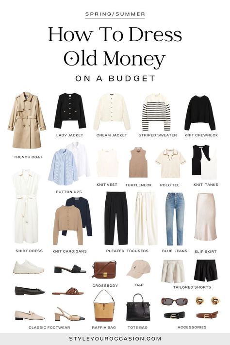 How To Dress 'Old Money' On A Budget: Spring & Summer 2024 Quiet Luxury Outfits, Outfits On A Budget, Dress Old Money, Luxury On A Budget, Money Clothing, Outfit Ideas For Spring, Style On A Budget, Old Money Outfits, How To Look Expensive